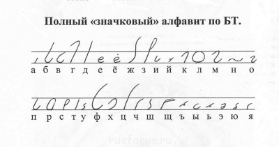 Полный "значковый" алфавит по БТ.<br />Все гласные - полумерные.<br />Все согласные одномерные и двумерные.